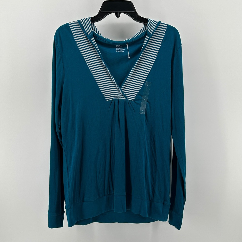 Gap Teal Blue Striped Trim Hooded Long Sleeve‎ Top L NWT Nautical Athleisure